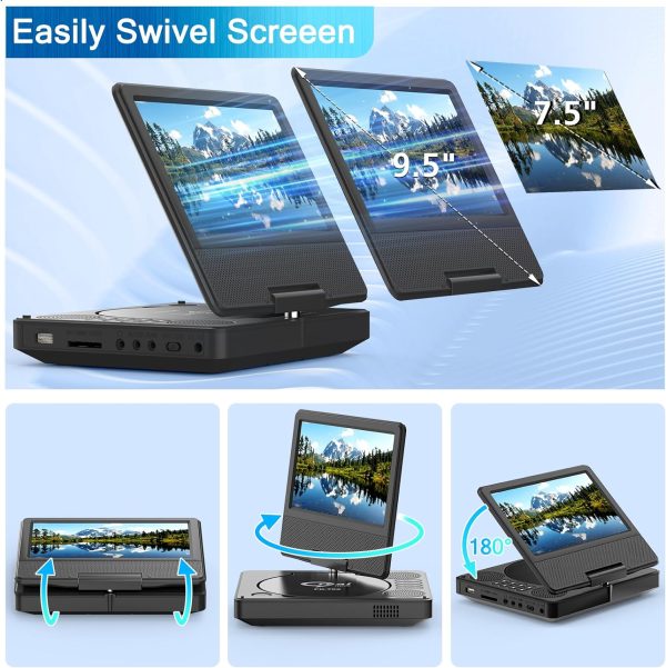 9.5" Portable DVD Player with 7.5" Swivel Display Screen, 5-Hour Built-in Rechargeable Battery, Car DVD Player,Supports SD Card/USB/CD/DVD and Multiple Disc Formats, High Volume Speaker,Black…… - Image 5