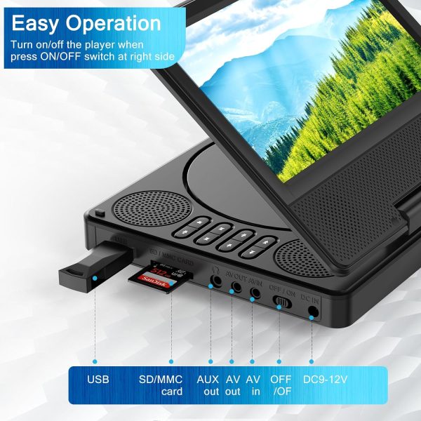 9.5" Portable DVD Player with 7.5" Swivel Display Screen, 5-Hour Built-in Rechargeable Battery, Car DVD Player,Supports SD Card/USB/CD/DVD and Multiple Disc Formats, High Volume Speaker,Black…… - Image 6