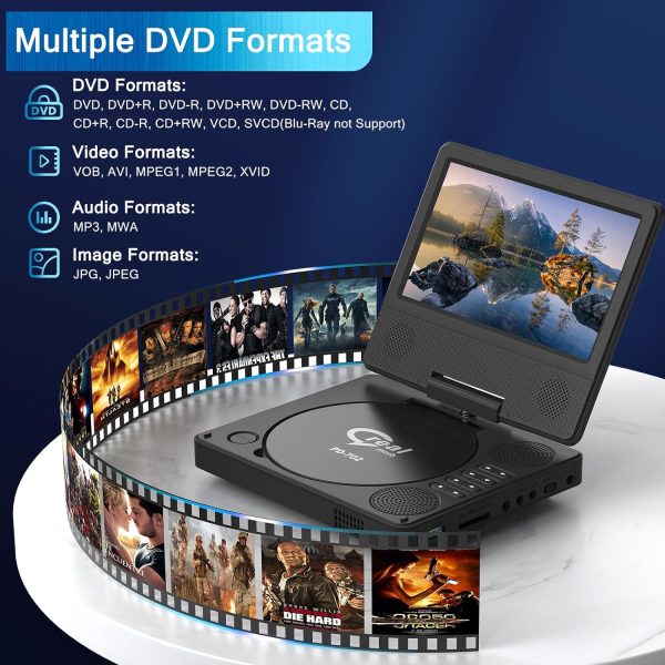 9.5" Portable DVD Player with 7.5" Swivel Display Screen, 5-Hour Built-in Rechargeable Battery, Car DVD Player,Supports SD Card/USB/CD/DVD and Multiple Disc Formats, High Volume Speaker,Black…… - Image 7