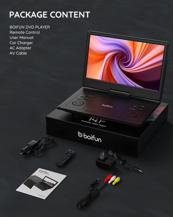 BOIFUN 15.7" Portable DVD Player with 14.1" Large HD Screen, 6 Hours Rechargeable Battery, Support Sync TV, USB, SD Card and Multiple Disc Formats, Dual Speaker, Rich Matte Black - Image 9