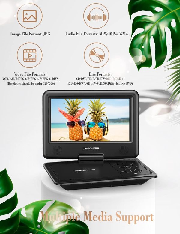 DBPOWER 11.5" Portable DVD Player, 5-Hour Built-in Rechargeable Battery, 9" Swivel Screen, Support CD/DVD/SD Card/USB, Remote Control, 1.8 Meter Car Charger, Power Adaptor and Car Headrest (Black) - Image 2