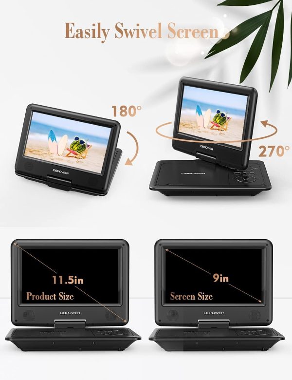 DBPOWER 11.5" Portable DVD Player, 5-Hour Built-in Rechargeable Battery, 9" Swivel Screen, Support CD/DVD/SD Card/USB, Remote Control, 1.8 Meter Car Charger, Power Adaptor and Car Headrest (Black) - Image 4