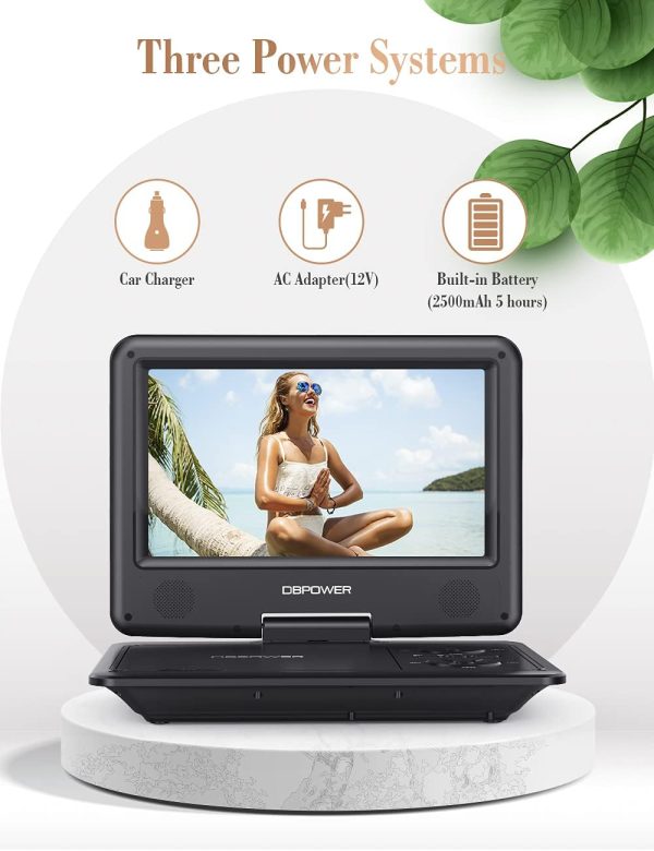DBPOWER 11.5" Portable DVD Player, 5-Hour Built-in Rechargeable Battery, 9" Swivel Screen, Support CD/DVD/SD Card/USB, Remote Control, 1.8 Meter Car Charger, Power Adaptor and Car Headrest (Black) - Image 5