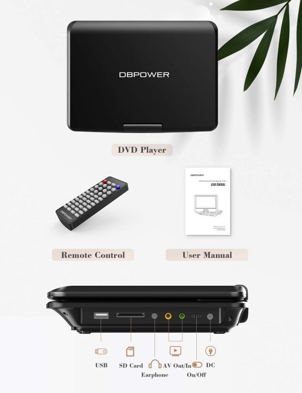 DBPOWER 11.5" Portable DVD Player, 5-Hour Built-in Rechargeable Battery, 9" Swivel Screen, Support CD/DVD/SD Card/USB, Remote Control, 1.8 Meter Car Charger, Power Adaptor and Car Headrest (Black) - Image 8