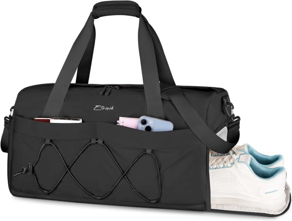 Gym Bag for Women, Travel Duffle Bag with Shoe Compartment & Wet Pocket, Carry On Weekender Overnight Tote Bag for Women Men, Travel, Workout, Yoga, Swimming, Black