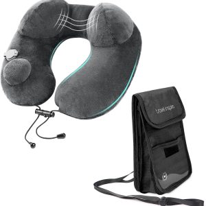 Premium Travel Neck Wallet with RFID Blocking and Travel Inflatable Neck Pillow