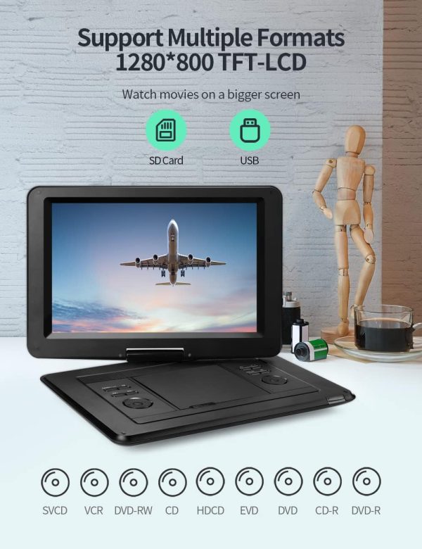 YOTON 17.5" Portable DVD Player with 15.5" HD Swivel Screen for Car and Kids, 4-6 Hours Working Time with Built-in Battery, Dual Stereo Speakers, USB/SD/AV/Audio/Gamepad Support [Not Support Blu-Ray] - Image 5